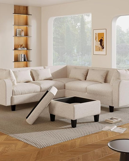 Modern L-Shaped Couch with Coffee Table & 6 Pillows, 6-Seat Sectional Sofa Set with Storage Ottoman & Unique Curved Armrest, Convertible 5-Seat Indoor Furniture for Living Room, Apartment - LeafyLoom