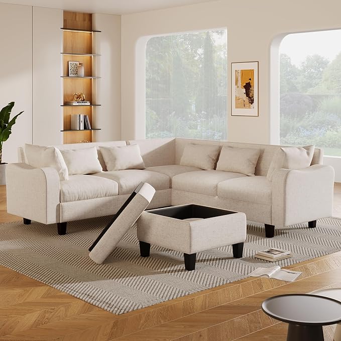 Modern L-Shaped Couch with Coffee Table & 6 Pillows, 6-Seat Sectional Sofa Set with Storage Ottoman & Unique Curved Armrest, Convertible 5-Seat Indoor Furniture for Living Room, Apartment - LeafyLoom