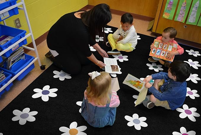 Flagship Carpets Schoolgirl Style Daisies on Black Criss-Cross Applesauce Educational Area Rug for Kids Room, Children's Classroom, Play Carpet for Teaching and Playroom, 7'6" x 12', Seats 32 - LeafyLoom