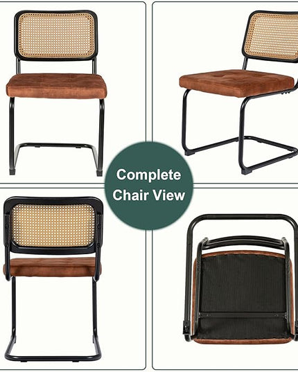 Mid Century Modern Dining Chairs Set of 2, Rattan Cantilever Kitchen Chairs, Dining Room Chairs Burnt Orange Upholstered, Solid Wood Cane Back, Black Stainless Chrome Base Heavy Duty - LeafyLoom
