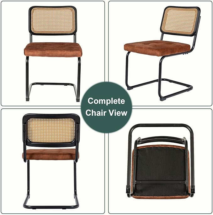 Mid Century Modern Dining Chairs Set of 2, Rattan Cantilever Kitchen Chairs, Dining Room Chairs Burnt Orange Upholstered, Solid Wood Cane Back, Black Stainless Chrome Base Heavy Duty - LeafyLoom