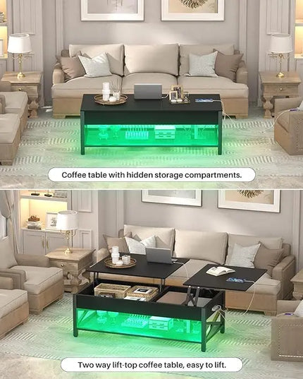 Aheaplus Black Lift-Top Coffee Table with LED Light, Power Outlets and Storage Shelf, 41.7"W x 19.69"L x 19.7"H - LeafyLoom