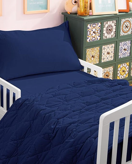 NTBAY Toddler Bedding Set - 4 Piece Soft and Breathable Crib Bedding Set for Boys and Girls, Includes Quilted Comforter, Fitted Sheet, Flat Top Sheet and Envelope Pillowcase, Navy Blue - LeafyLoom