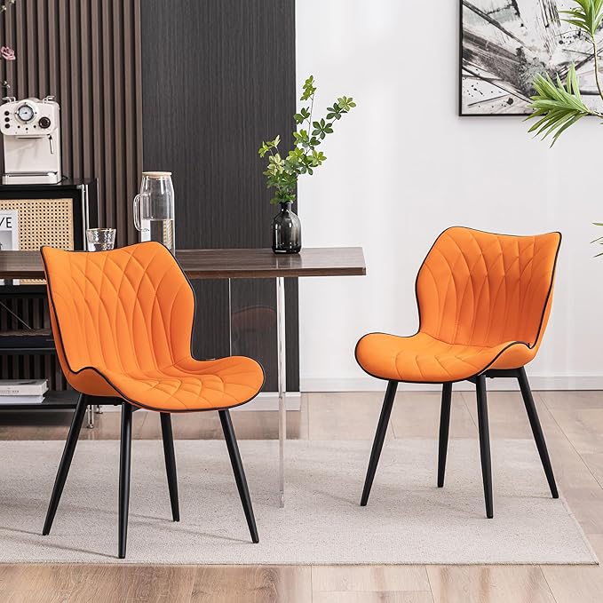 YOUNIKE Dining Chairs, Upholstered Faux Leather Kitchen Dining Room Chairs Set of 2, Modern Living Room Bedroom Side Chairs with Curved Wing Back and Adjustable Metal Legs, Orange - LeafyLoom