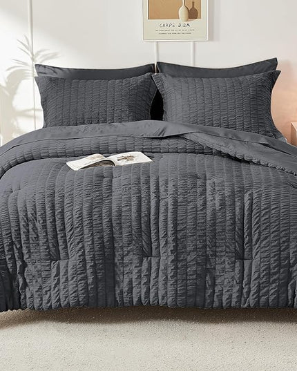 HYMOKEGE Seersucker King Size Comforter Set 3 Pieces, Lightweight Comforter Sets for Bedding, Bed Set with 1 All Season Soft Down Alternative Comforter and 2 Pillow Shams, Dark Grey - LeafyLoom