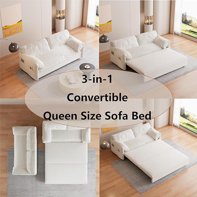 Oversized 3 in 1 Loveseat Sleeper Sofa Bed,Queen Size Love Seats W/Pull Out Couch and Padded Armrests Convertible Spacious Sofabed with Side Storage Pocket for Home Office Apartment Living Room - LeafyLoom