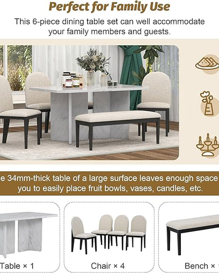 6-Piece Modern Style Dining Faux Marble Table and 4 Upholstered Chairs & 1 Bench, Restaurant Set for Kitchen, Home Bar, Diningroom, Living Room Furniture, Beige+White - LeafyLoom