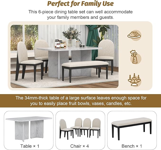6-Piece Modern Style Dining Faux Marble Table and 4 Upholstered Chairs & 1 Bench, Restaurant Set for Kitchen, Home Bar, Diningroom, Living Room Furniture, Beige+White - LeafyLoom