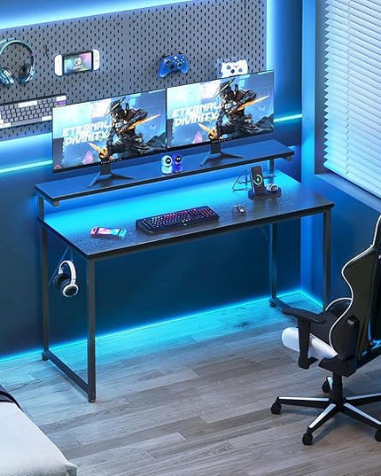 AODK Computer Desk, 48 Inch Gaming Desk with LED Lights and Power Outlet, Office Desk with Adjustable Monitor Shelf (3 Heights), Computer Table Work Desk for Home/Bedroom, Black - LeafyLoom