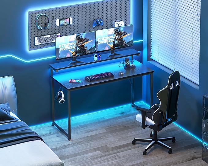 AODK Computer Desk, 48 Inch Gaming Desk with LED Lights and Power Outlet, Office Desk with Adjustable Monitor Shelf (3 Heights), Computer Table Work Desk for Home/Bedroom, Black - LeafyLoom