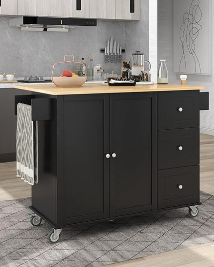 52.7 Cart with Wood Top and Drop Leaf Breakfast Bar, Rolling Mobile Island Towel Rack,Large Storage Cabinet Kitchen Table for Dinning Room, Black, 52.76 Inch - LeafyLoom