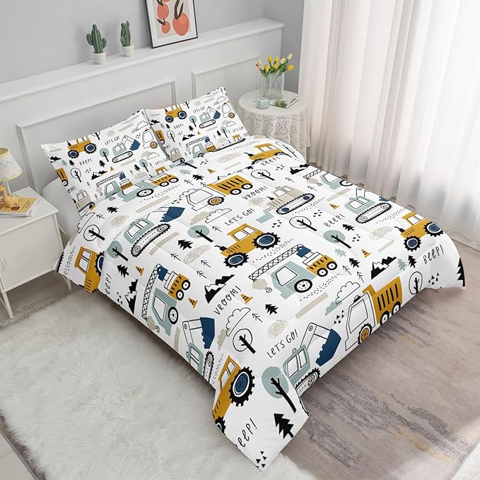 Datura home Kids Cartoon Excavator Bedding Comforter Sets for Boy and Girls,Construction Truck Bulldozer Tree Pattern Comforter Set with 2 Pillowcase and 1 Comforter(Excavator Full) - LeafyLoom