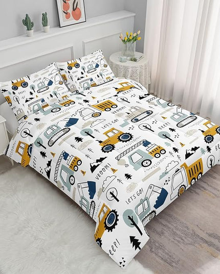 Datura home Kids Cartoon Excavator Bedding Comforter Sets for Boy and Girls,Construction Truck Bulldozer Tree Pattern Comforter Set with 2 Pillowcase and 1 Comforter(Excavator Queen) - LeafyLoom