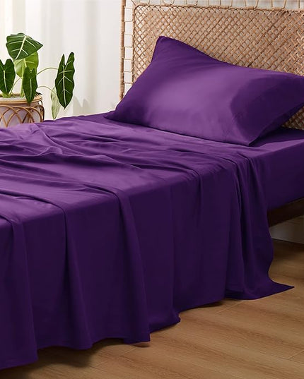 Bedsure Twin XL Sheet Set Dorm Bedding, Cooling Sheets Twin Extra Long Sheets, Rayon Derived from Bamboo, Deep Pocket Up to 16", Hotel Luxury Silky Bedding Sheets & Pillowcases, Plum - LeafyLoom