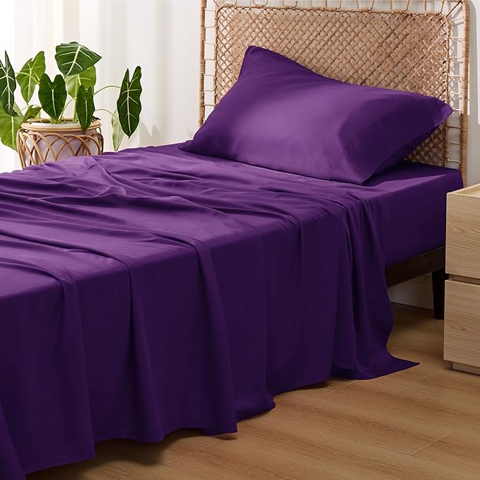 Bedsure Twin XL Sheet Set Dorm Bedding, Cooling Sheets Twin Extra Long Sheets, Rayon Derived from Bamboo, Deep Pocket Up to 16", Hotel Luxury Silky Bedding Sheets & Pillowcases, Plum - LeafyLoom