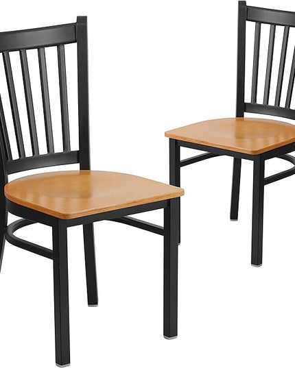 Flash Furniture 2 Pack HERCULES Series Black Vertical Back Metal Restaurant Chair - Natural Wood Seat - LeafyLoom