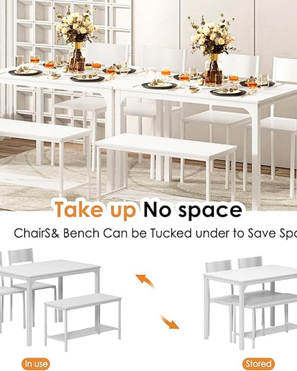 sogesfurniture Modern 4-Piece Kitchen Dining Table Set with 1 Bench and 2 Chairs, Kitchen Bench Table Set for 4, Wooden Kitchen Table and Chairs for Limited Space,White - LeafyLoom