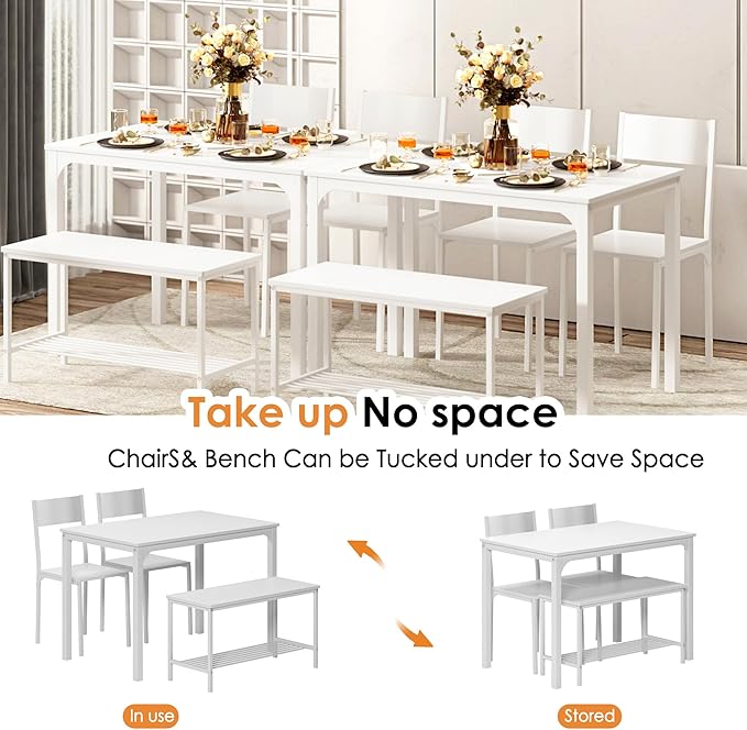 sogesfurniture Modern 4-Piece Kitchen Dining Table Set with 1 Bench and 2 Chairs, Kitchen Bench Table Set for 4, Wooden Kitchen Table and Chairs for Limited Space,White - LeafyLoom