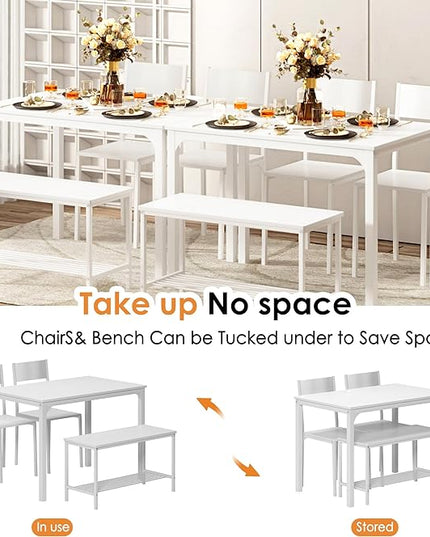sogesfurniture 4 Piece Dining Table Set, Dinette Set Kitchen Table with Bench and Chairs, Kitchen Dinner Table with Benches for 4, includes Table, 2 Chairs & Bench,White - LeafyLoom