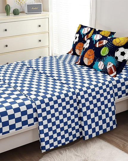 Kids Boys Comforter Set Twin Bed in a Bag w/Sheet Sets, Blue Twin Bedding Sets for Teens Soccer Basketball Baseball Football Sports Themed Bedroom Decor Reversible Design - LeafyLoom