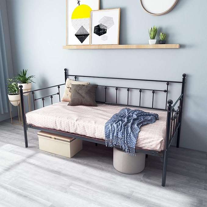Metal Daybed Frame Twin Metal Slats Platform Base Box Spring Replacement Bed Sofa for Living Room Guest Room (Twin, Black Sanded) - LeafyLoom
