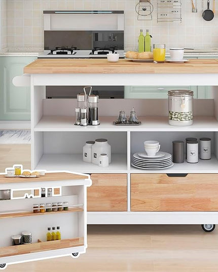 Kitchen Island with Storage, Two-Sided Rolling Extended Table on Wheels w/Wood Top, Wine and Spice Rack, 2 Drawers, 3 Open Compartments for Dinning Room - LeafyLoom
