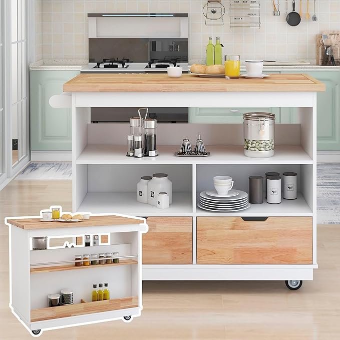 Kitchen Island with Storage, Two-Sided Rolling Extended Table on Wheels w/Wood Top, Wine and Spice Rack, 2 Drawers, 3 Open Compartments for Dinning Room - LeafyLoom