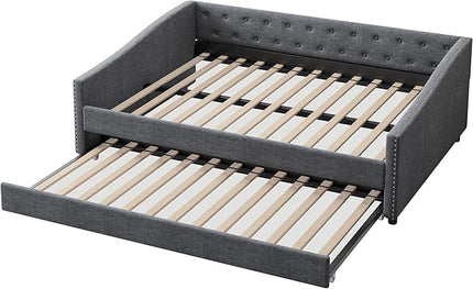 Full Size Daybed with Trundle, Upholstered Tufted Sofa Bed with Button on Back and Piping on Waved Shape Arms for Bedroom, Apartment, Living Room, Wooden Slats Support, Dark Grey - LeafyLoom