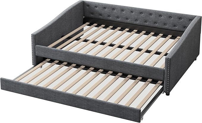 Full Size Daybed with Trundle, Upholstered Tufted Sofa Bed with Button on Back and Piping on Waved Shape Arms for Bedroom, Apartment, Living Room, Wooden Slats Support, Dark Grey - LeafyLoom