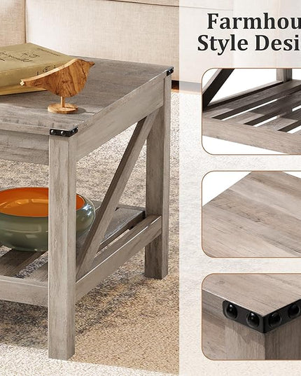 Farmhouse Coffee Table with 2-Tier Shelves - Rectangular Coffee Table with Storage for Living Room, Wood Coffee Table with Sturdy Frame, Washed Grey - LeafyLoom