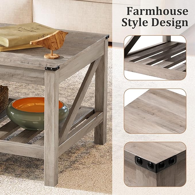 Farmhouse Coffee Table with 2-Tier Shelves - Rectangular Coffee Table with Storage for Living Room, Wood Coffee Table with Sturdy Frame, Washed Grey - LeafyLoom
