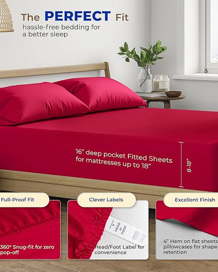 THREAD SPREAD 600 Thread Count Sheets Queen - 100% Egyptian Cotton Sheets Queen Size, 4 PC Luxury Sheets Queen Size, Ultra Soft Queen Sheets & Pillowcases Set, 16" Deep Pocket Cooling Sheet - Red - LeafyLoom