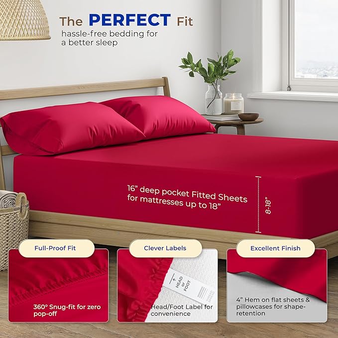 THREAD SPREAD Luxury Egyptian Cotton Sheets King Size - 600 Thread Count Sheets King 4 PC Luxury Sheets King Size, 16" Deep Pocket, Extra Soft, Cooling Sateen Weave Hotel Luxury Bed Sheets Set - Red - LeafyLoom