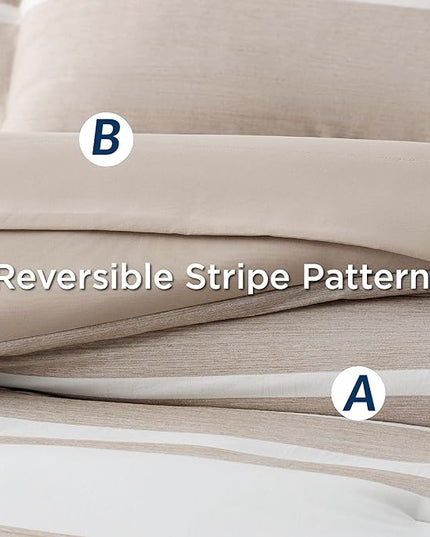 Bedsure Bed in a Bag Twin Size 5 Pieces, Light Camel White Striped Bedding Comforter Sets All Season Bed Set with 1 Pillow Sham, Flat Sheet, Fitted Sheet and 1 Pillowcase - LeafyLoom
