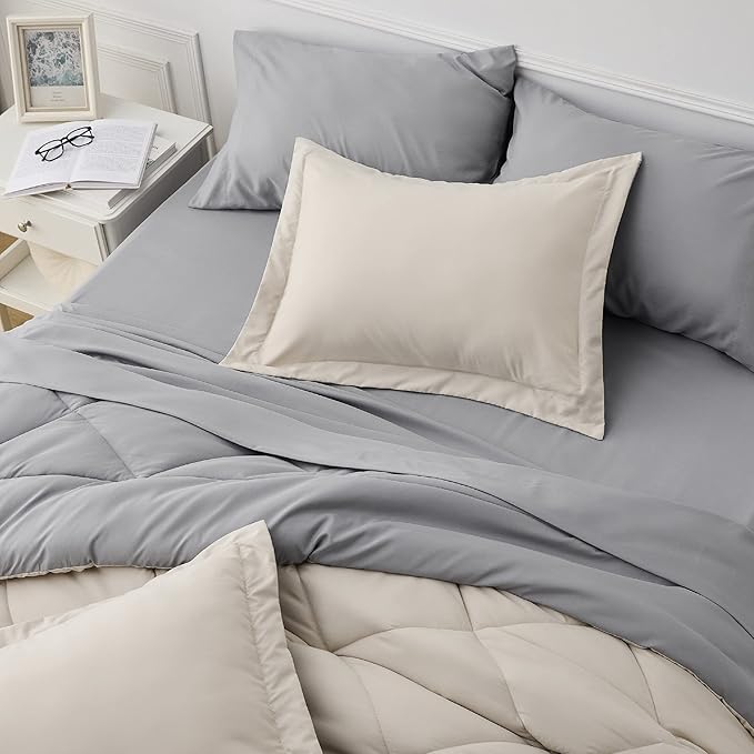 Bedsure Beige Twin Comforter Sets - 5 Pieces Reversible Twin Bedding Sets for College, Beige Extra Long Bed Set Twin with Comforters, Sheets, Pillowcase & Sham - LeafyLoom