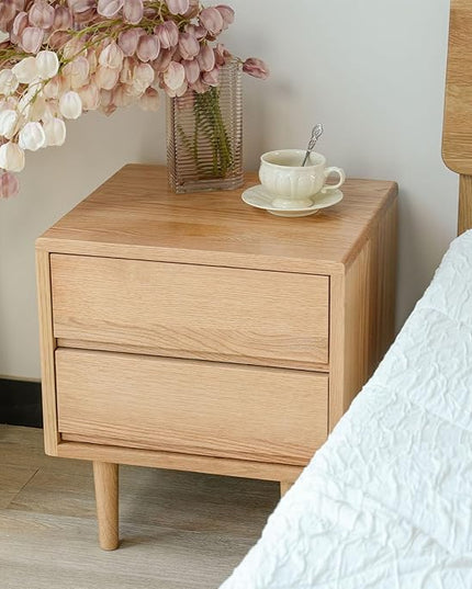 Night Stand, Mid Century Modern Nightstand w/2 Drawers, Boho Nightstand, Small Nightstand, Oak Bedroom Nightstand, Solid Wood Bedside Table, 17.72 W x 15.75 D x 19.69 H Inches(Natural) - LeafyLoom