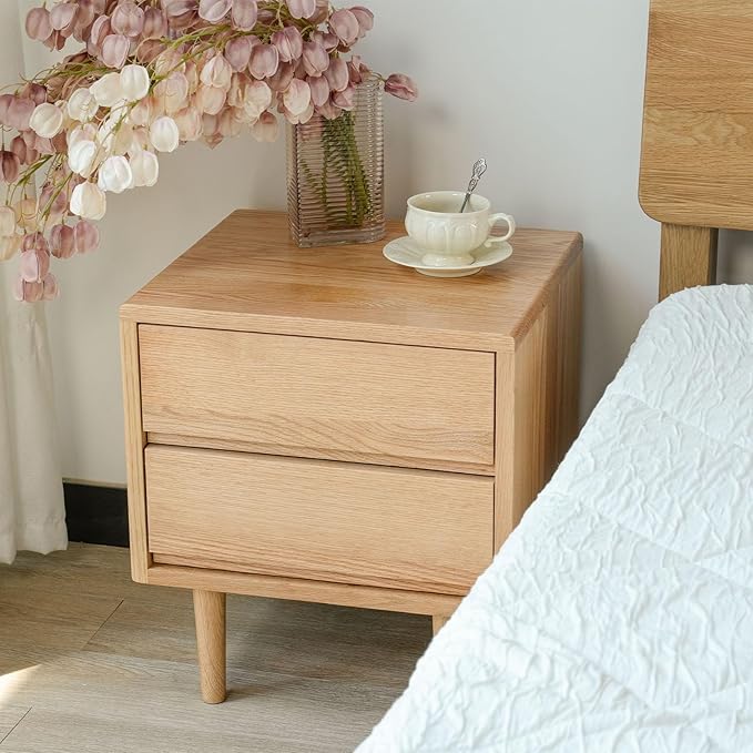 Night Stand, Mid Century Modern Nightstand w/2 Drawers, Boho Nightstand, Small Nightstand, Oak Bedroom Nightstand, Solid Wood Bedside Table, 17.72 W x 15.75 D x 19.69 H Inches(Natural) - LeafyLoom