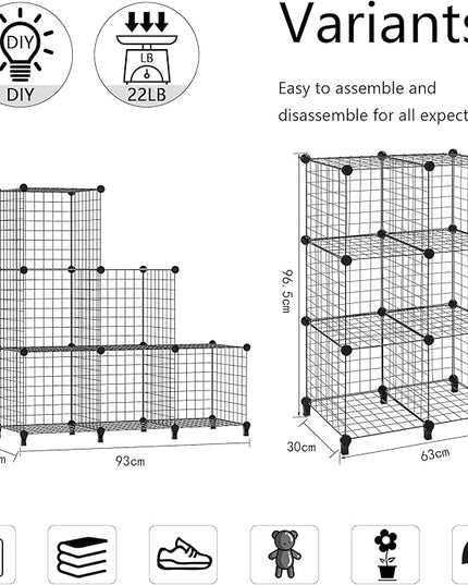 Wolizom Wire Cube Storage, Metal Grids Shelves Bookshelf, Stackable Modular Shelving Organizer, DIY Closet Bookcase Bookshelf, Grid Storage Shelf for Bedroom, Living Room, Office (Black, 6 Cube) - LeafyLoom