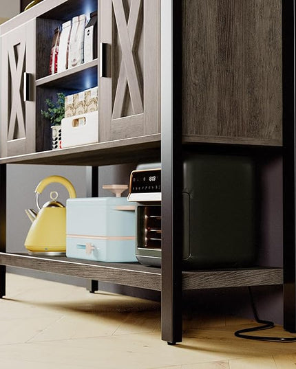 IRONCK Sideboard Buffet Cabinet with LED Light & Charging Station, Coffee Station Table, Bar Storage for Kitchen, Dining Room, Living Room, Grey - LeafyLoom