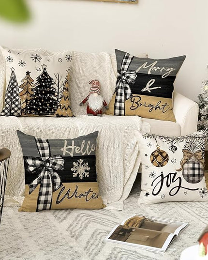 AVOIN colorlife Merry Christmas Joy Xmas Trees Brown Throw Pillow Covers, 18 x 18 Inch Christmas Winter Holiday Cushion Case Decoration for Sofa Couch Set of 4 AVOINcolorlife
