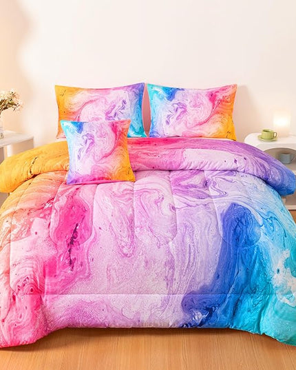 4 Pcs Tie Dye Twin Comforter Set for Girls, Watercolor Marble Abstract Art Superior Kids Bedding Sets Twin Size, Pink Purple Blue Colorful Teenage Girls Comforter Sets - LeafyLoom