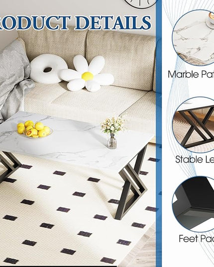 Coffee Table White Living Room Center Table, Simple Modern Faux Marble Rectangular Tea Table with Sturdy Black Metal Frame,Industrial Wooden Coffee Table for Bedroom Home Office - LeafyLoom