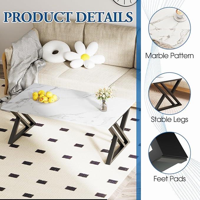 Coffee Table White Living Room Center Table, Simple Modern Faux Marble Rectangular Tea Table with Sturdy Black Metal Frame,Industrial Wooden Coffee Table for Bedroom Home Office - LeafyLoom