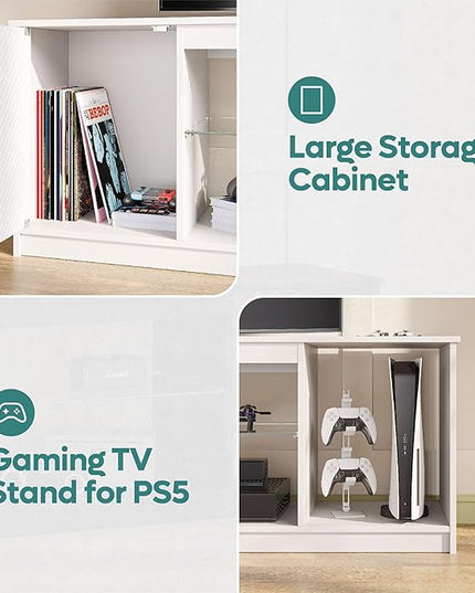 Bestier Gaming TV Stand with Removable Glass Shelves for 55/60/65 Inch TV,Led Entertainment Center & 22 Dynamic RGB Modes for PS5 PS4,Modern TV Console for Living Room Bedroom Carbon Fiber White - LeafyLoom