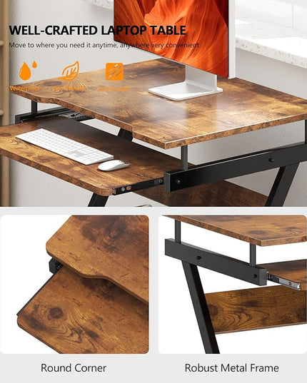 sogesfurniture Retro Computer Desk, Small Mobile Workstation with Keyboard Tray, Printer Shelf & Storage, 23.6x18.9x28.7 inches, Engineered Wood, for Home and Office - LeafyLoom