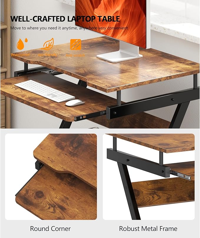 sogesfurniture Retro Computer Desk, Small Mobile Workstation with Keyboard Tray, Printer Shelf & Storage, 23.6x18.9x28.7 inches, Engineered Wood, for Home and Office - LeafyLoom