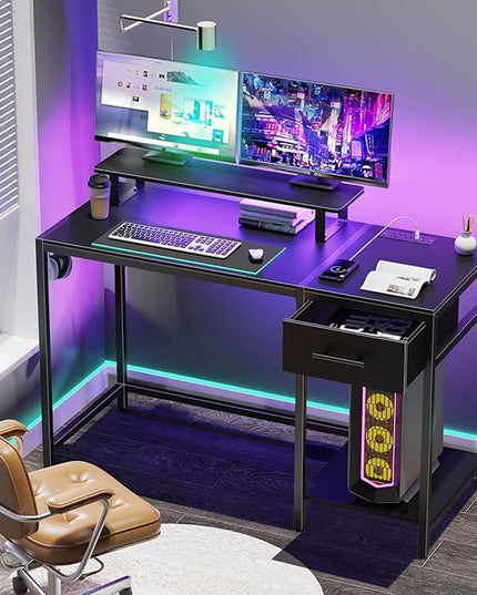 Gaming Desk with Led Light & Power Outlets, 48" Computer Desk with Wooden Drawers and Monitor Stand, Office Desk with Shelves and 2 Headphone Hooks, Work Desk for Home Office,Black - LeafyLoom