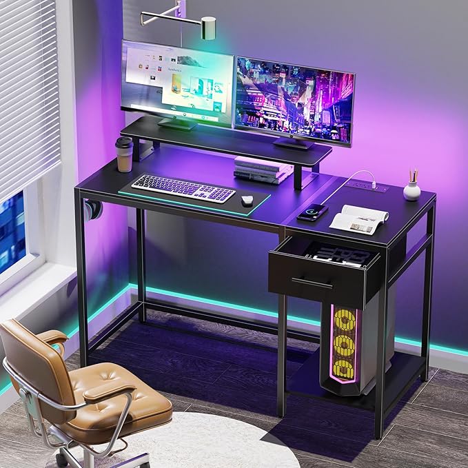 Gaming Desk with Led Light & Power Outlets, 48" Computer Desk with Wooden Drawers and Monitor Stand, Office Desk with Shelves and 2 Headphone Hooks, Work Desk for Home Office,Black - LeafyLoom