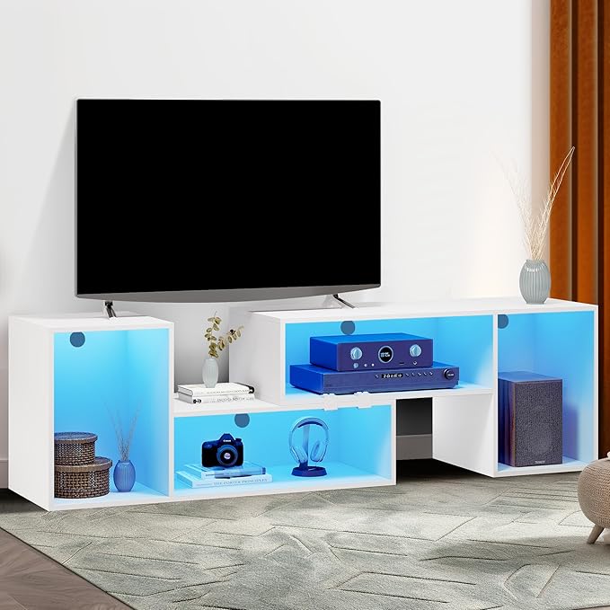 YITAHOME DIY TV Stand w/LED Strip, Modern Deformable Entertainment Center for 75/70/65/60/55/50/45 inch TVs, Gaming TV Consoles 2 Pieces Media Console Cabinet for 300lbs for Living Room, White - LeafyLoom