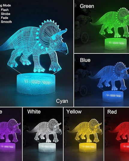 VSATEN Dinosaur Night Light for Kids, 3D Illusion Lamp 3-Pattern & 16 Colors Changing LED Dino Nightlight with Smart Touch & Remote Control, Dinosaur Gifts for Boys Girls Age 4 5 6+ Year Old - LeafyLoom